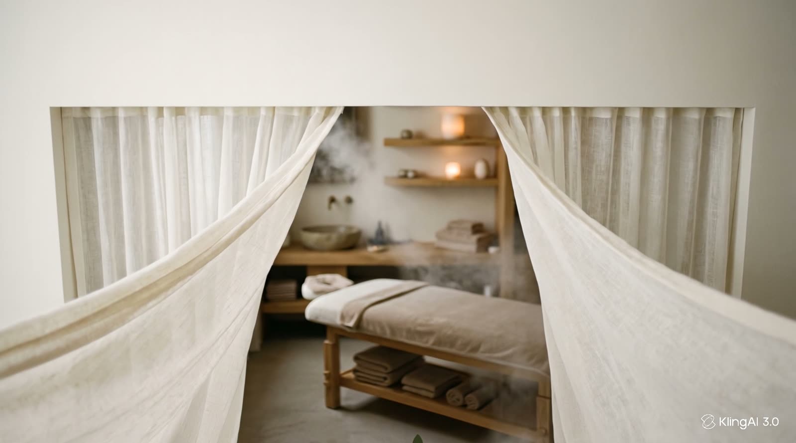 Des voilages légers s'ouvrent sur une salle de spa à la lumière douce