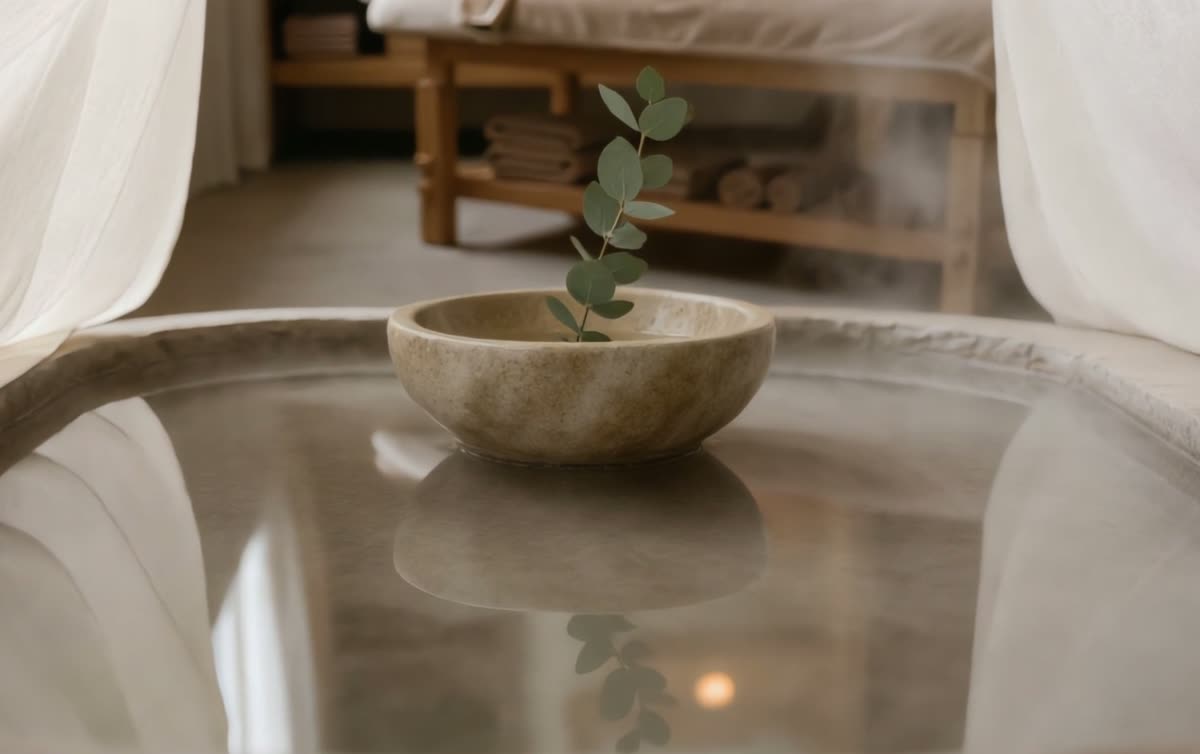 Pierre chaude, eau immobile et une tige d'eucalyptus